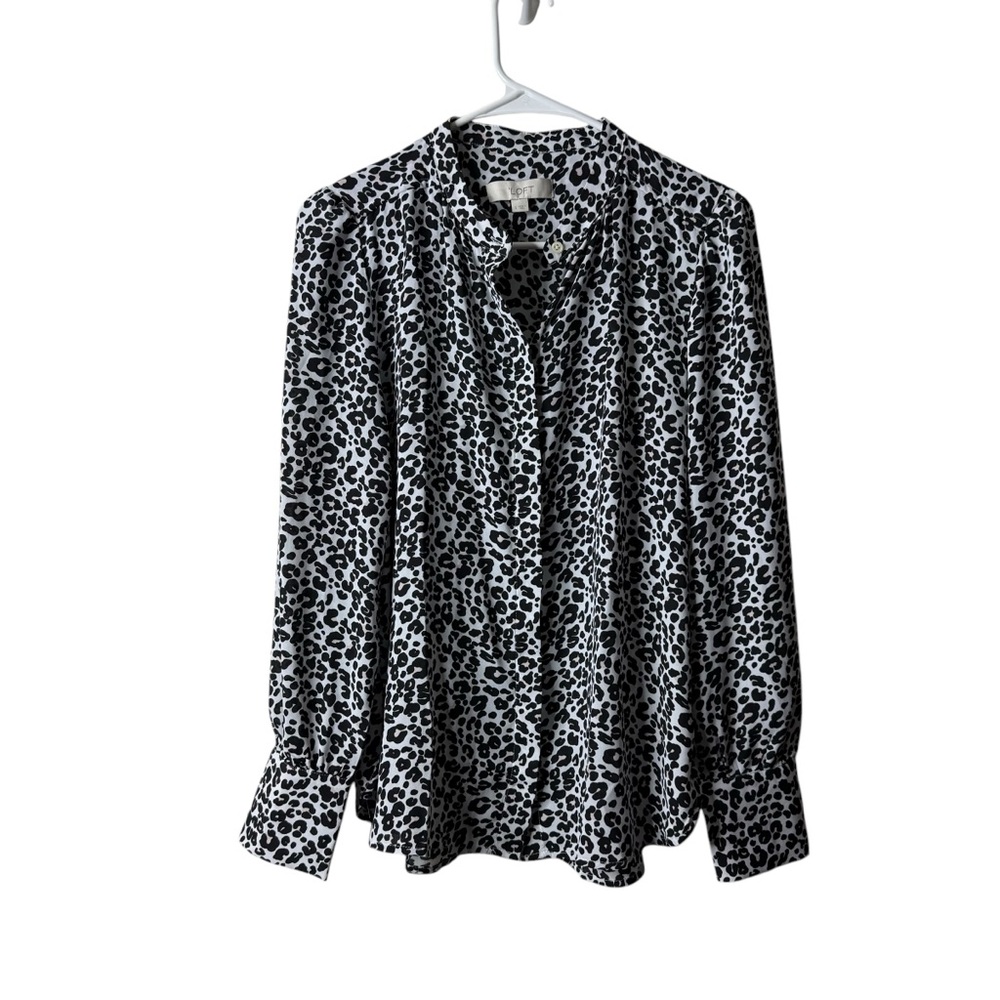 Loft White Animal Print Button Front Long Sleeve Blouse
